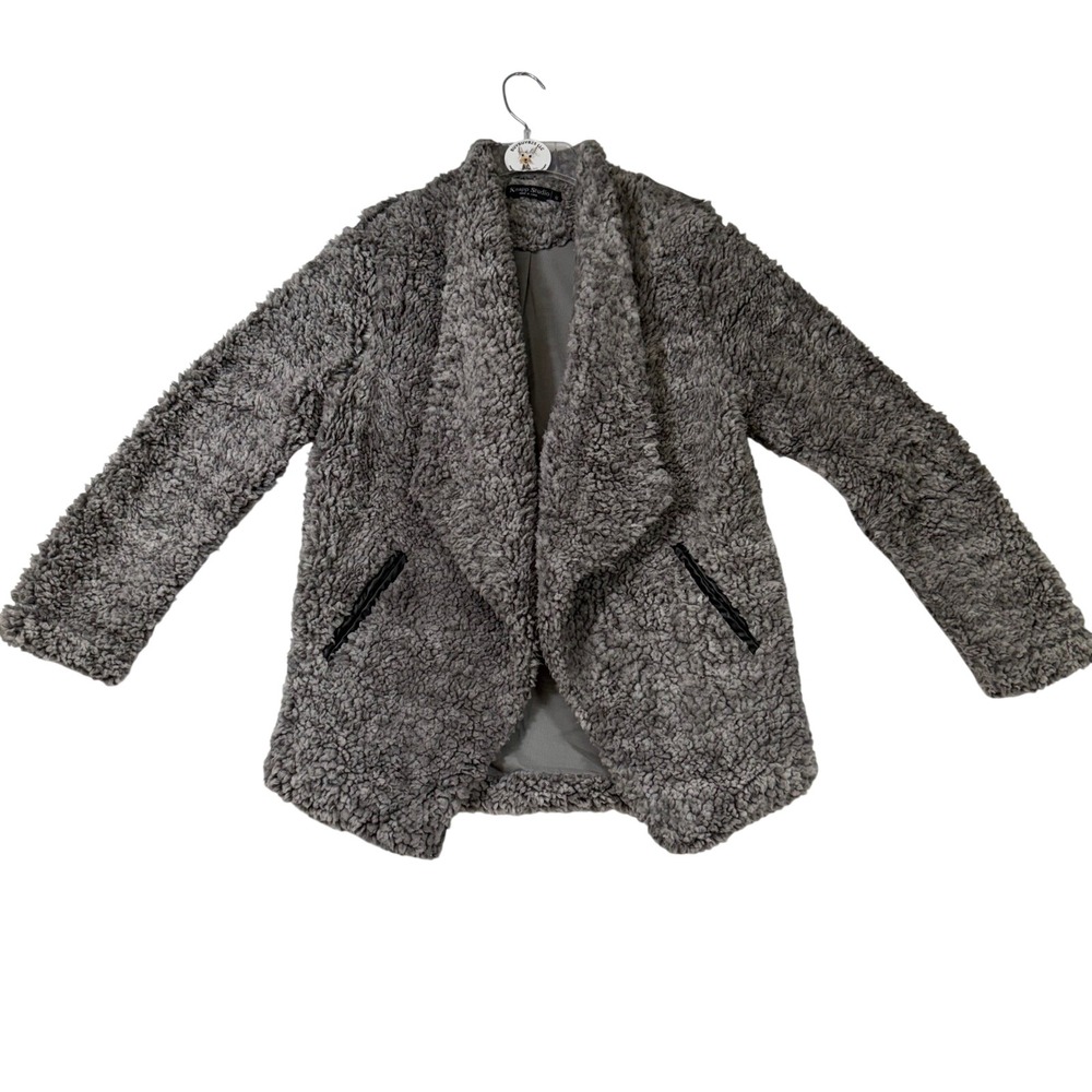 Knapp Studio Women's Gray Fuzzy Teddy Fleece Shawl Collar Open‎ Front Jacket S